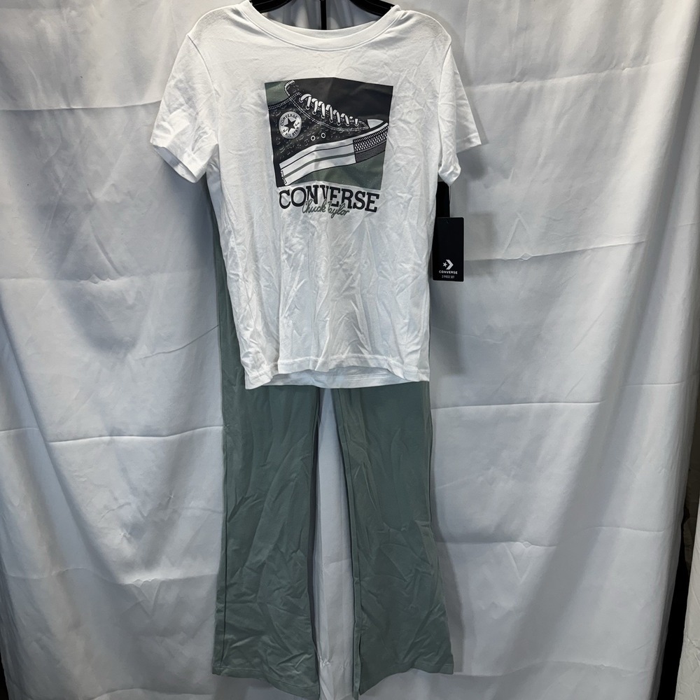Converse Girls 2 Pc,‎ Size Large, Green Are Leggings  White S/S Shirt NWT